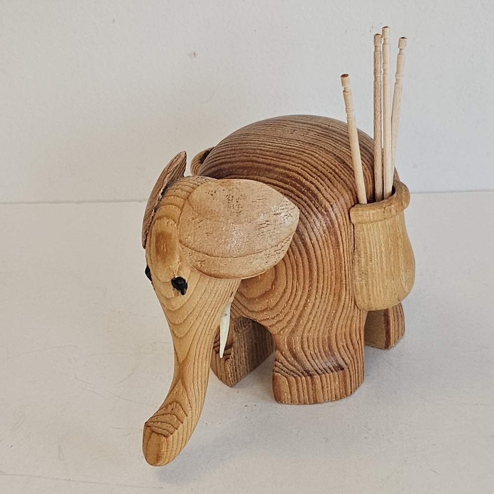 Wood Elephant Toothpick Holder Danish Style Vintage Trunk Up